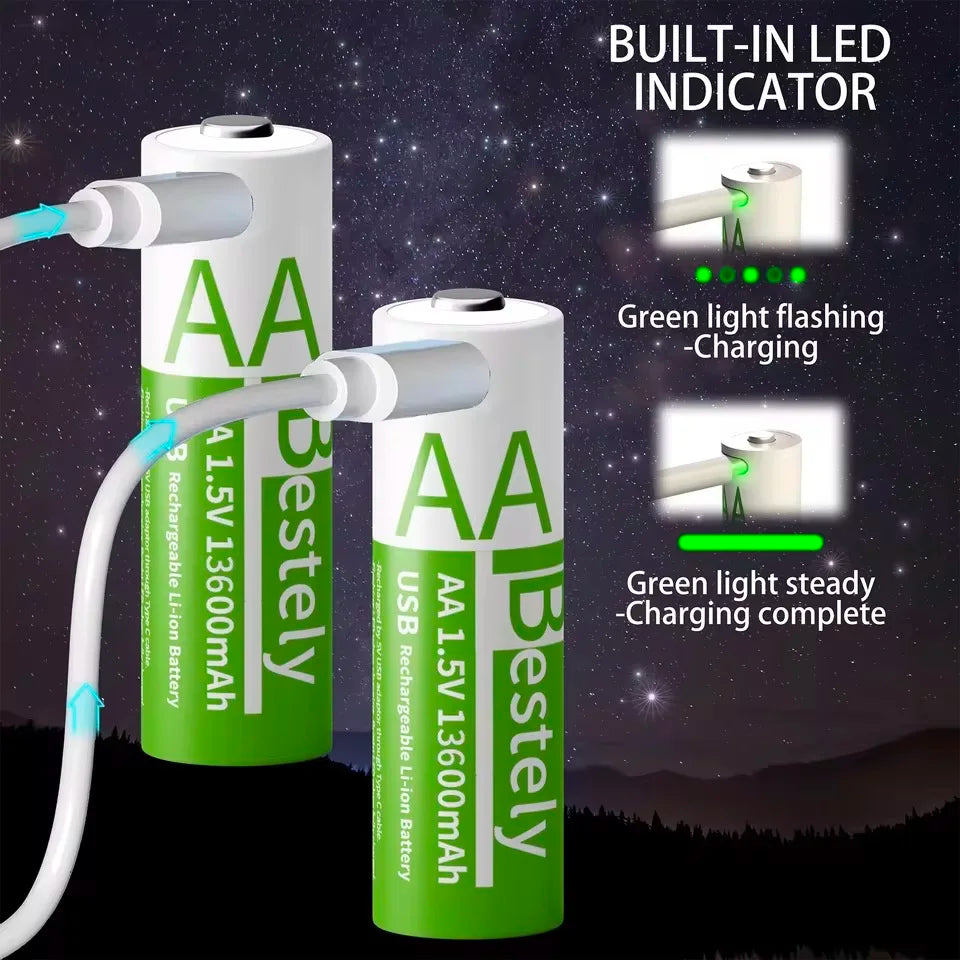 Latest Rechargeable 1.5V AA 13600mAh USB Lithium Battery , Fast Charging Li-ion AA Battery