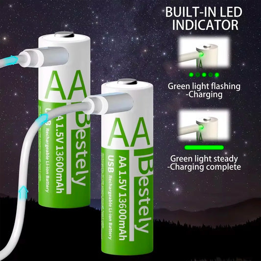 Latest Rechargeable 1.5V AA 13600mAh USB Lithium Battery , Fast Charging Li-ion AA Battery