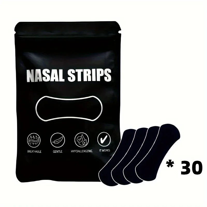 30pcs Black Nasal Strips for Sports & Sleep - Breathable, Hypoallergenic,Snore Prevention